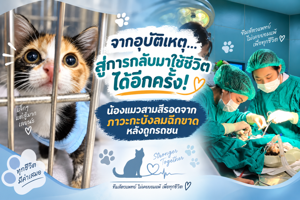จากอุบัติเหตุ…สู่การกลับมาใช้ชีวิตได้อีกครั้ง! น้องแมวสามสีรอดจากภาวะกะบังลมฉีกขาดหลังถูกรถชน